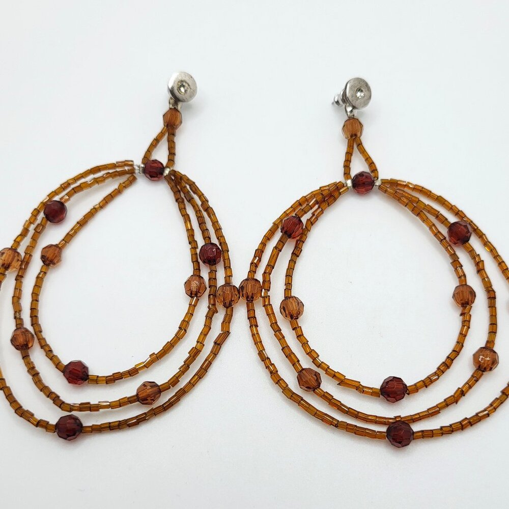 Amber Color Glass Beaded Hoop Dangle Earrings 4"